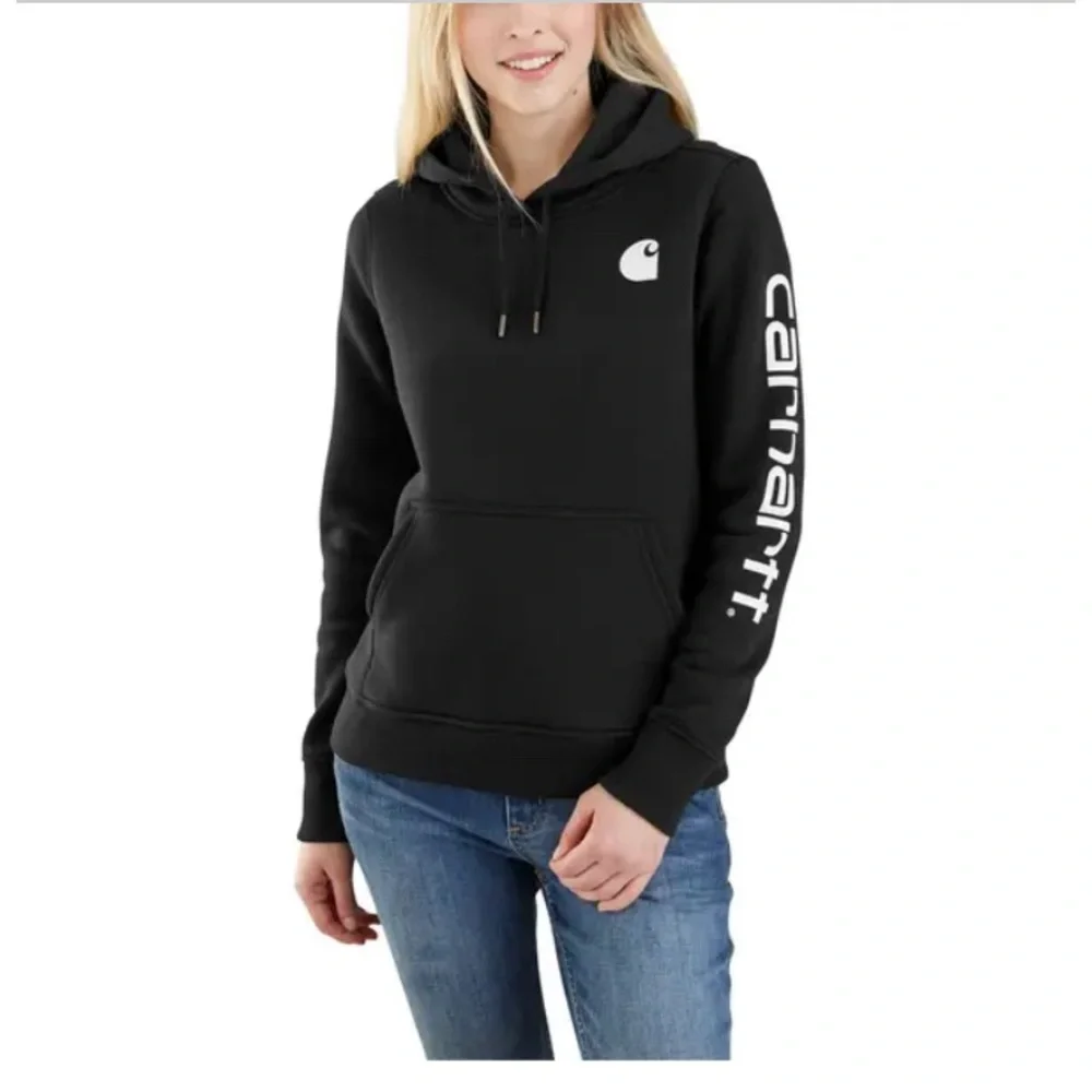 Carhartt Black Women's Relaxed Fit Logo Sleeve Graphic Hoodie Size (8-10) EUC - Picture 2 of 8